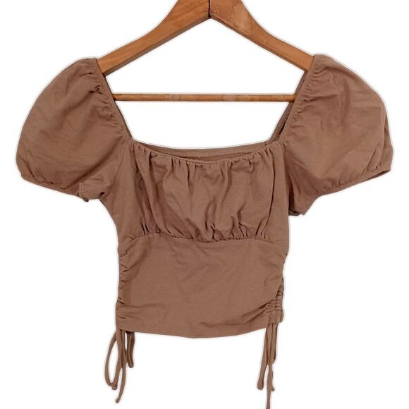 Y2K Hollister Milkmaid Top XXS Babydoll Cropped Ruched Coquette Puff Sleeves Tan - Picture 7 of 16
